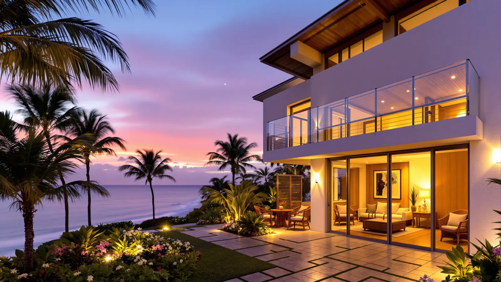 Illustrative dusk photograph of the fictional Pacific Haven property: a low-rise coastal condominium with a lit lanai overlooking the ocean.
