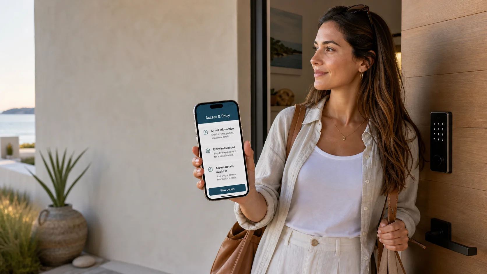 Guest viewing access and entry information at a vacation rental doorway.