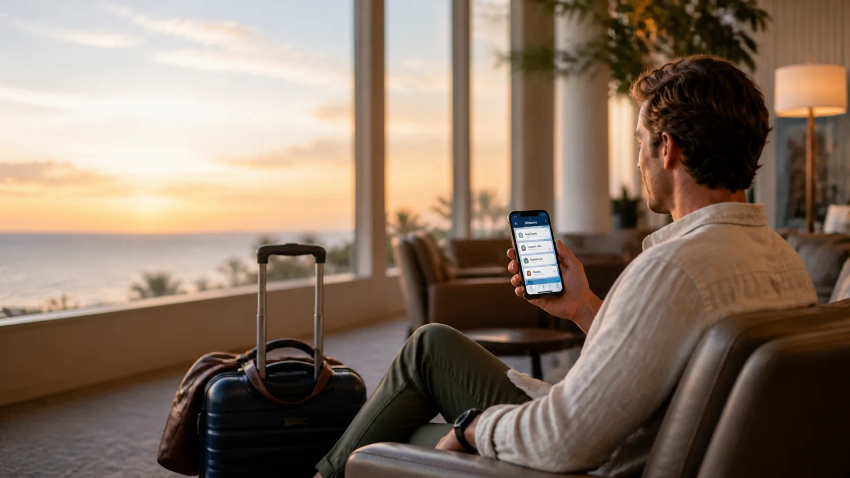 Traveler with luggage reviewing Guest Portal before arrival.