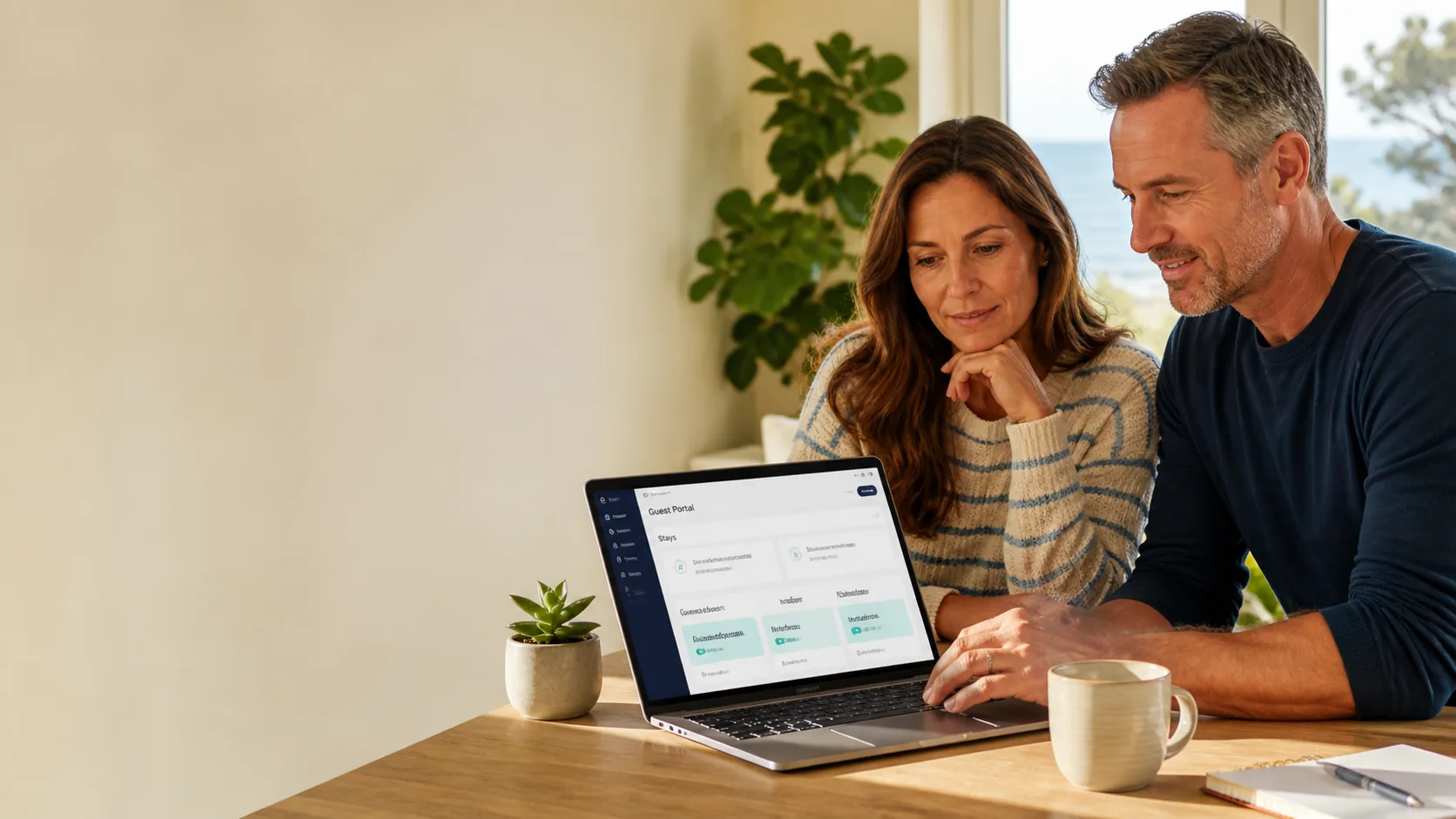 Vacation rental owners reviewing Guest Portal on a laptop at home.