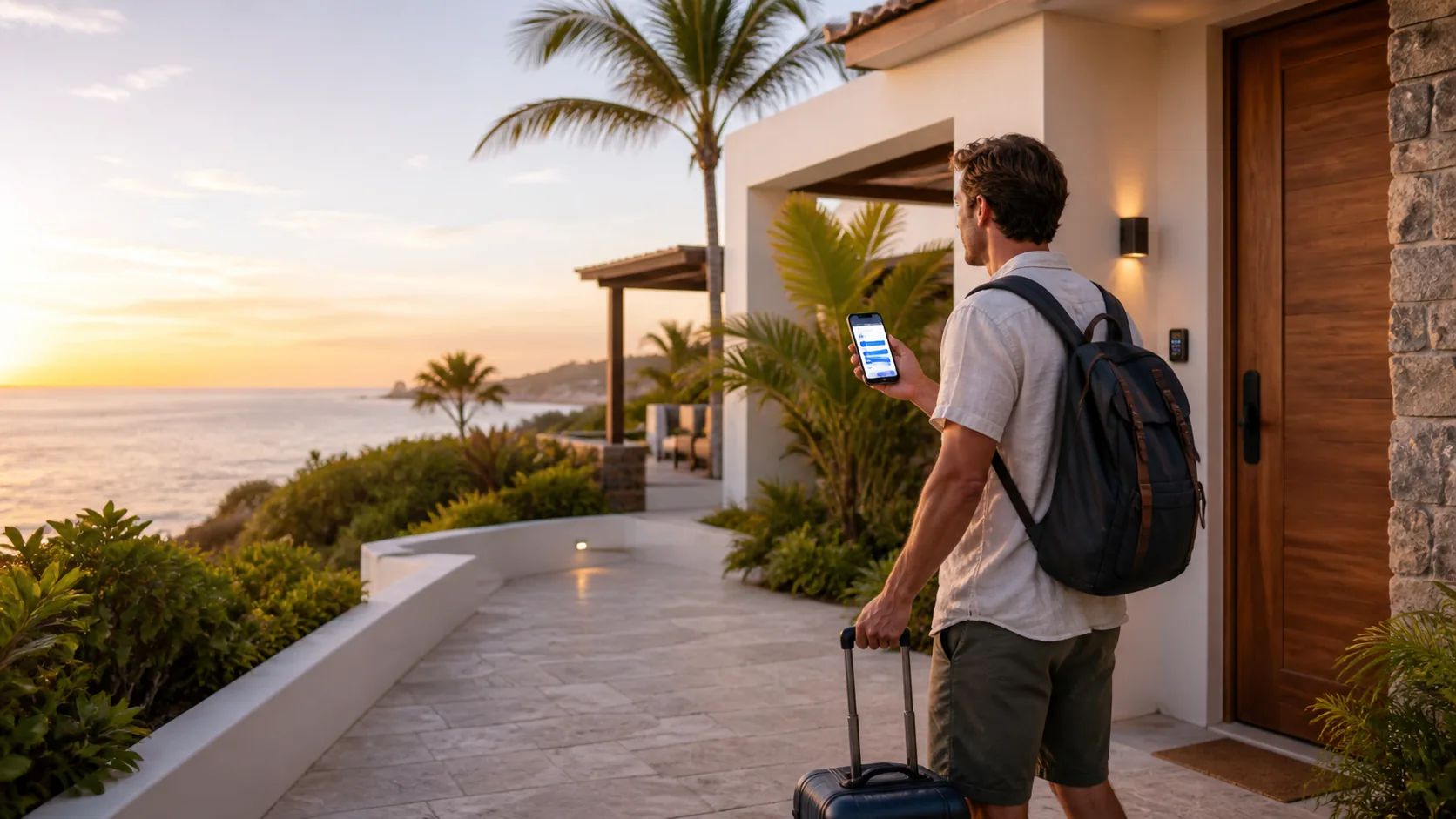 Guest arriving at a coastal vacation rental while viewing Guest Portal on a phone.