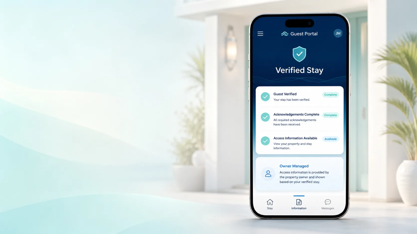 Guest Portal verified stay screen with owner-managed access information.